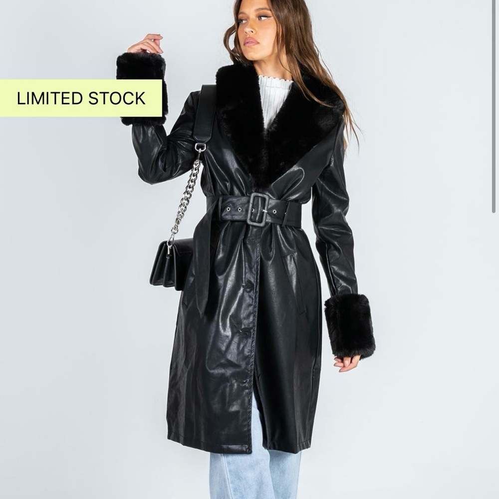 Princess Polly Black Leather Jacket with Fur Trim and Belt